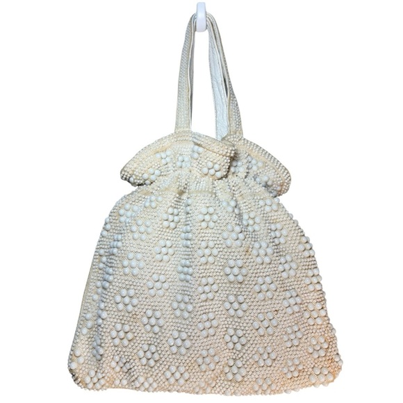 Vintage 1950s Candy Dot Cream & White Double Beaded Hand Bag - Picture 1 of 15